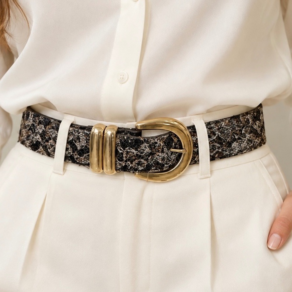 A. Brod Vintage Lace Metallic Glitter Belt Gold Buckle Made in USA Black Copper